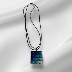 Black Leather Necklace with Square Blue Pendant